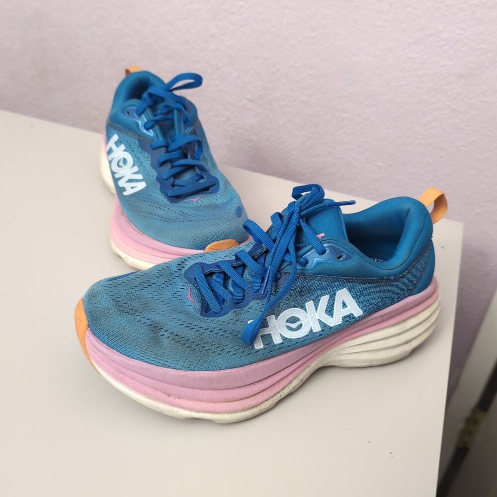 Hoka One One Bondi 8 Shoes Women's 7D Coastal Sky Allure Blue Pink No Insoles